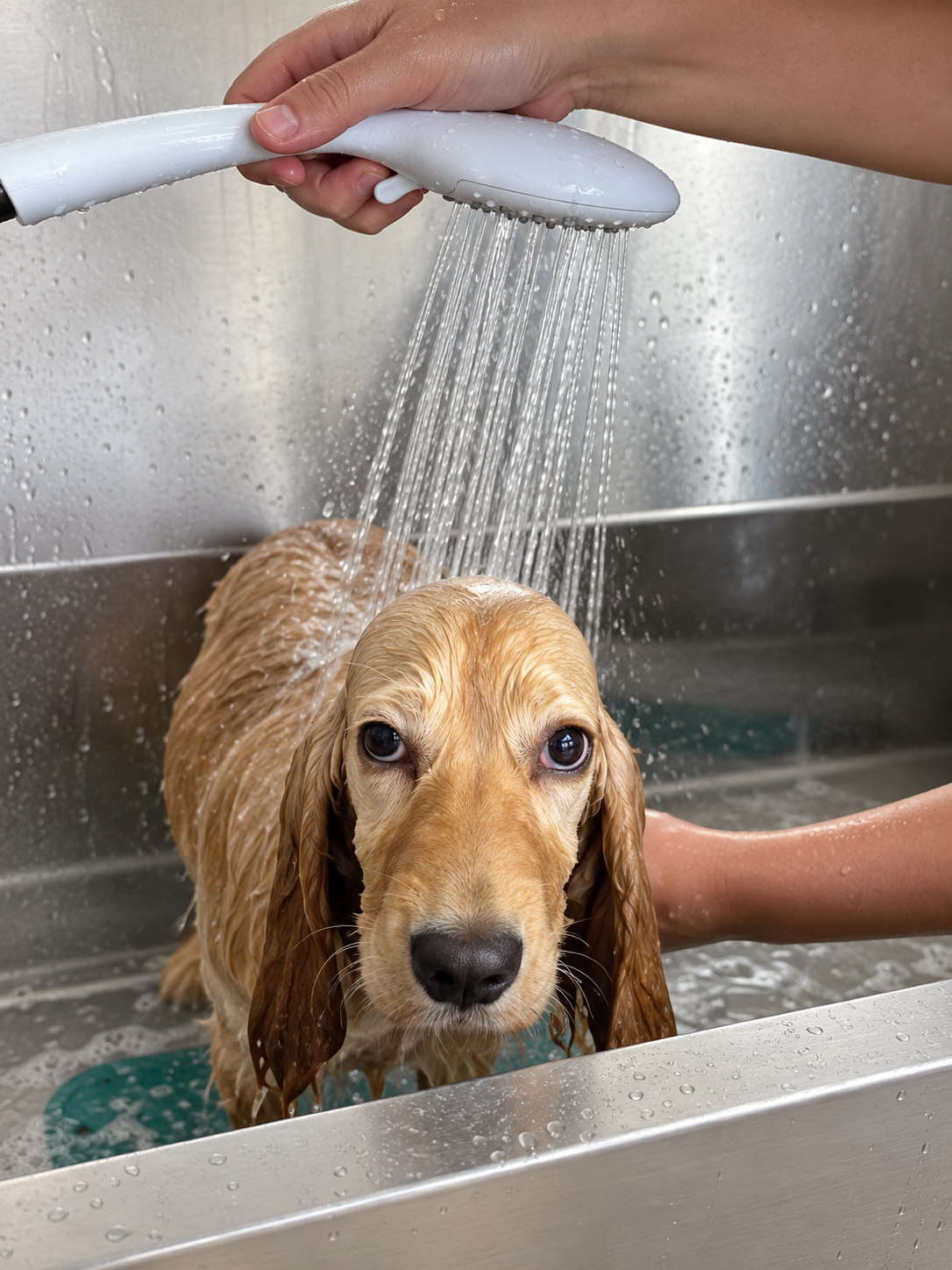 Dog bathing at Creedons, representing discounted student full grooming appointments