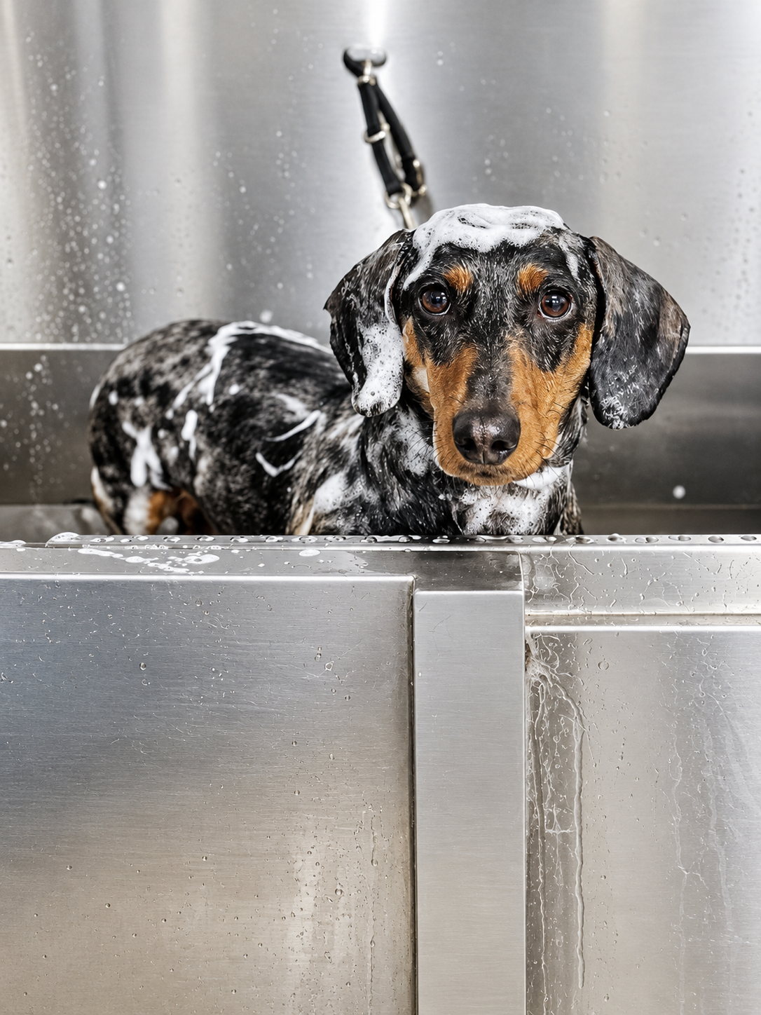 Dachshund in a bubble bath at Creedons grooming salon