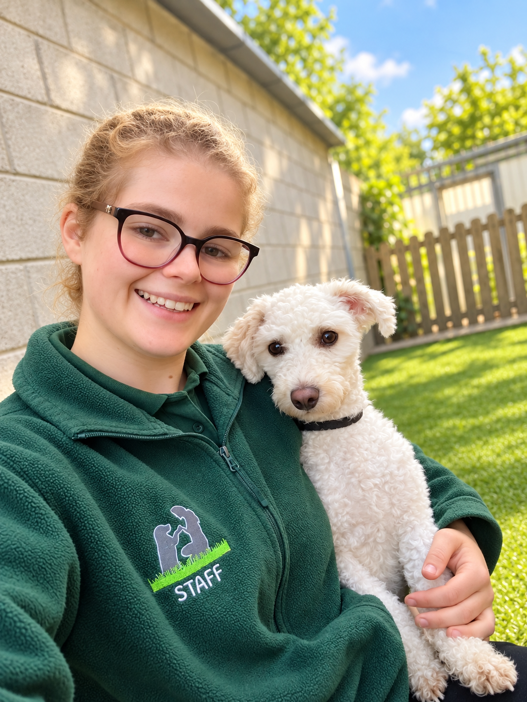 Abby McCarthy with a dog at Creedons Dog Care