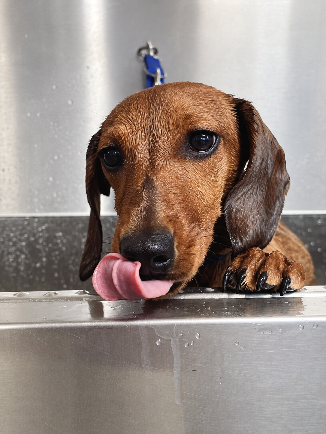 Dachshund being bathed for professional pamper grooming at Creedons