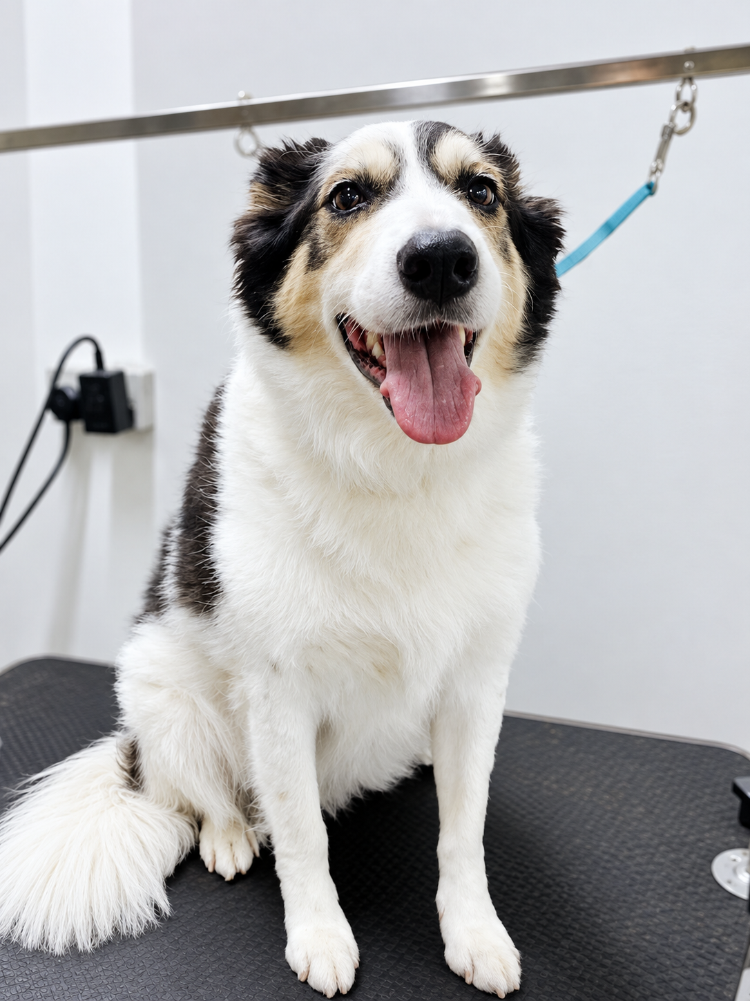 Collie sitting on a grooming table