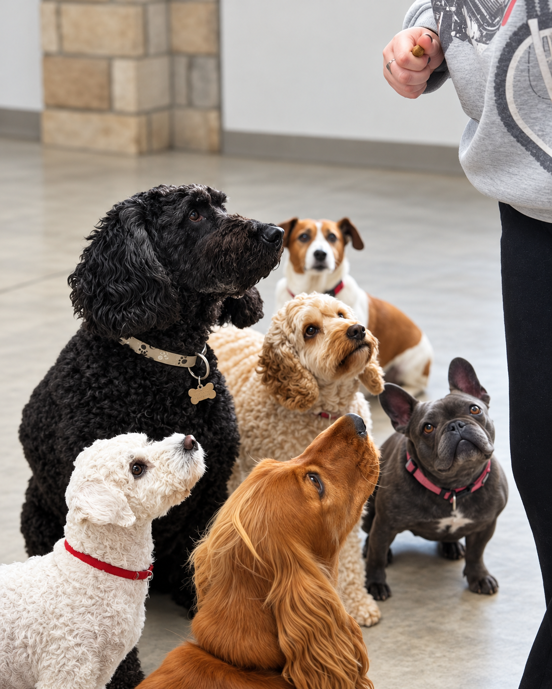Dogs attending to a trainer during a positive reinforcement exercise