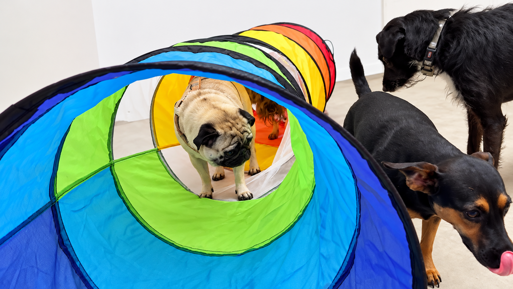 Young small dogs exploring enrichment equipment, illustrating puppy confidence-building