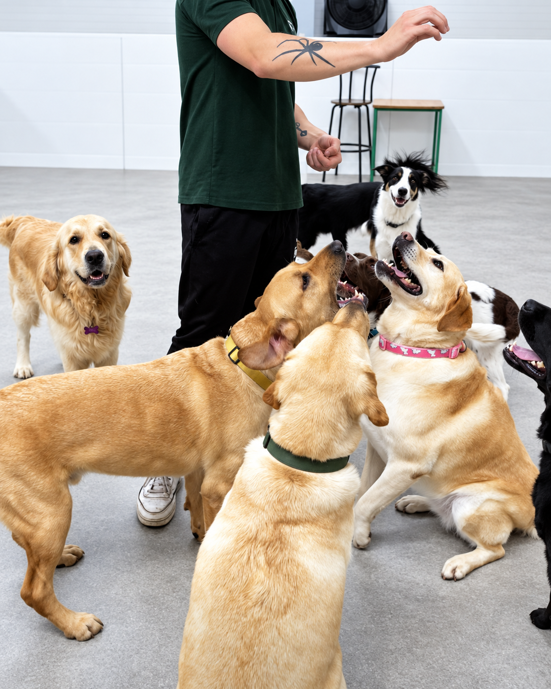 Three dogs practising a sit with a Creedons team member