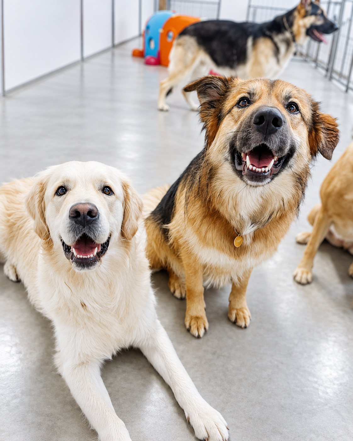 Two dogs standing together in the Creedons large dog daycare area